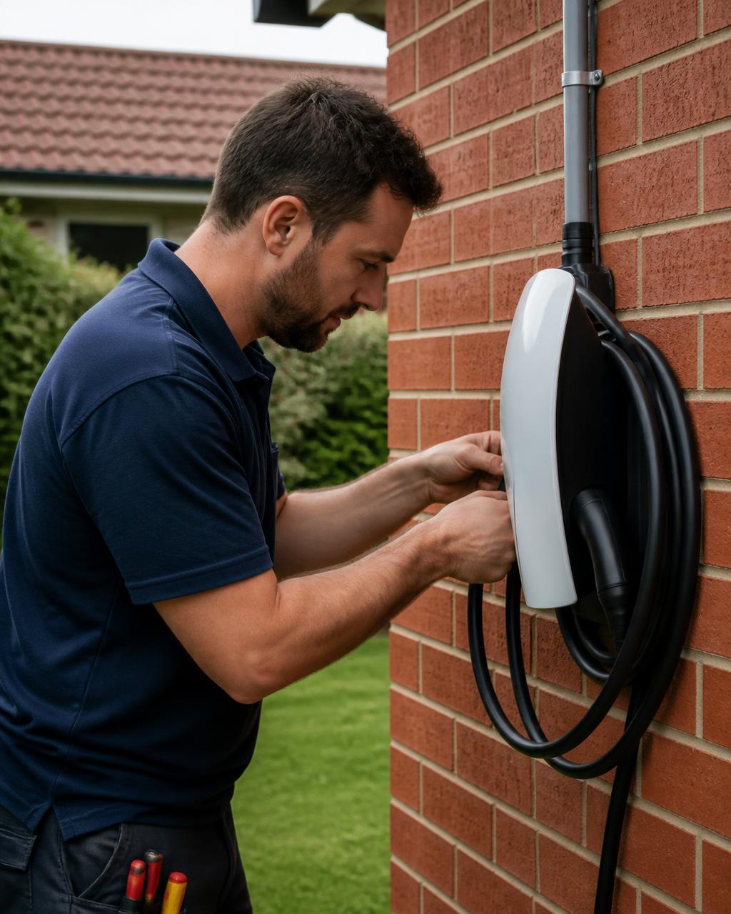 Licensed electrician installing a home EV charger on a brick wall in Werribee