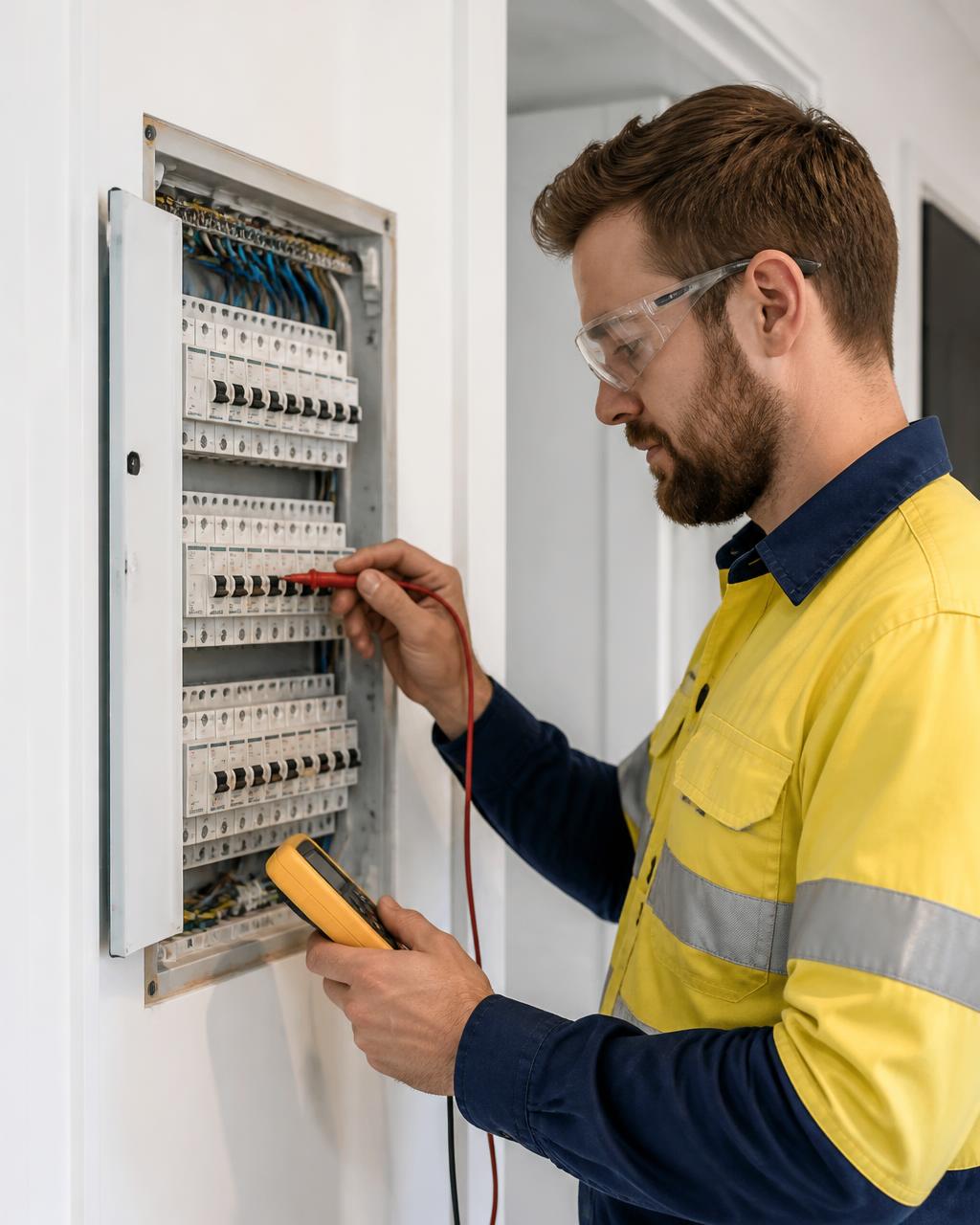 Licensed electrician testing a modern upgraded switchboard in a Werribee home